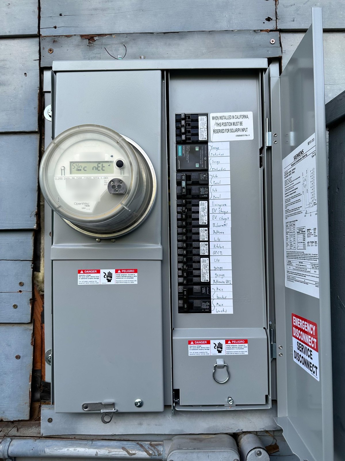 New Siemens meter-main combination panel: every circuit labeled, EV charger breaker, surge protector